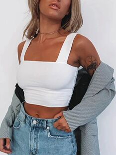 Square Neck Sleeveless Summer Crop Top White Women Black Cas