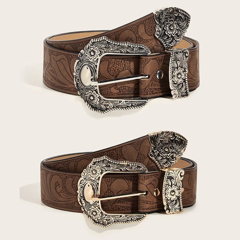 Western Brown PU Leather Vintage Belt Female Cowgirl Waist B