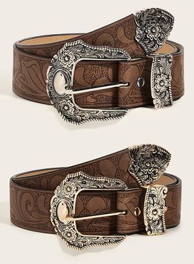 Western Brown PU Leather Vintage Belt Female Cowgirl Waist B