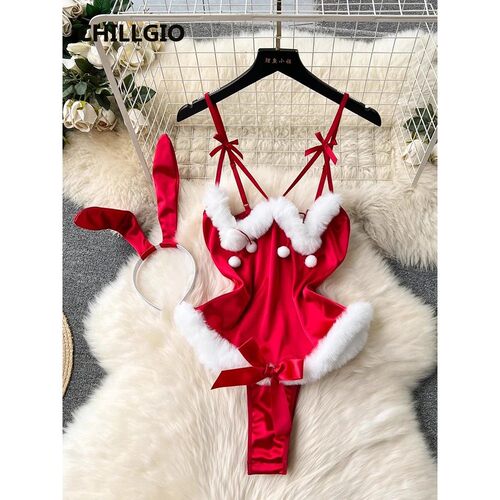 Women Sexy Christmas One Piece Bodysuits Satin Tight Onesie