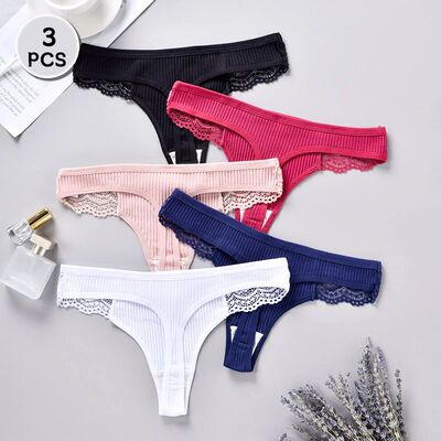 3PCS Cotton Antibacterial Women's Panties Solid Color G-stri
