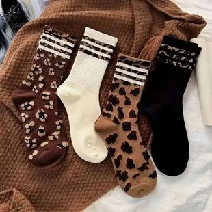 4 Pairs Women Leopard Socks Cotton Sports Y2k Student White
