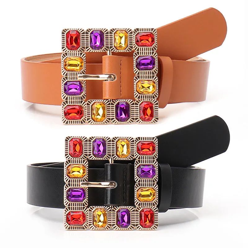 Y2k Rhinestone Belt Square Buckle Pin Women Waistband Colorf