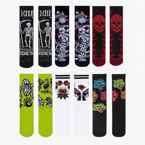 Retro Gothic Skull Tiger Rose Heart Skeleton Doll Crew Socks