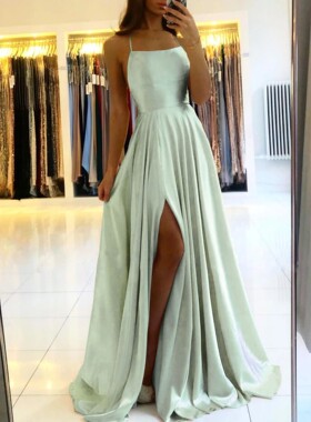 Ladies Blue A-line Long Satin Evening Dress For Women Simple