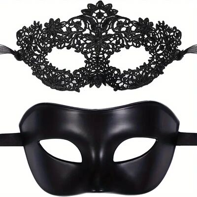 2pcs Elegant Black Lace Masquerade Mask Set for Couples - Pe