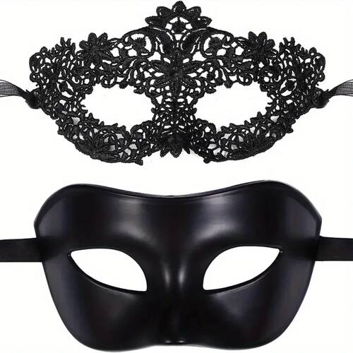 2pcs Elegant Black Lace Masquerade Mask Set for Couples - Pe
