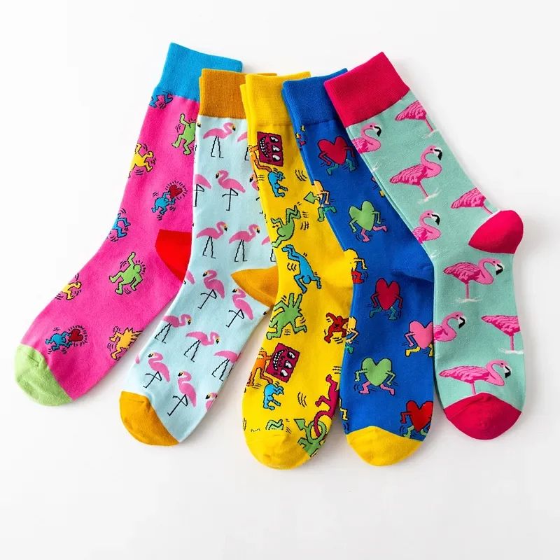 1Pair 35-44 Men Casual Cotton Sock Cartoon Flamingo Loving H