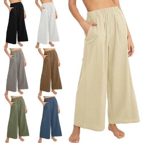 Women Casual Cotton Linen Wide Leg Pants High Elastic Waist