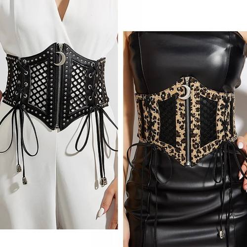 Wide Leopard Print Hollow Corset Belts For Women Black Belt