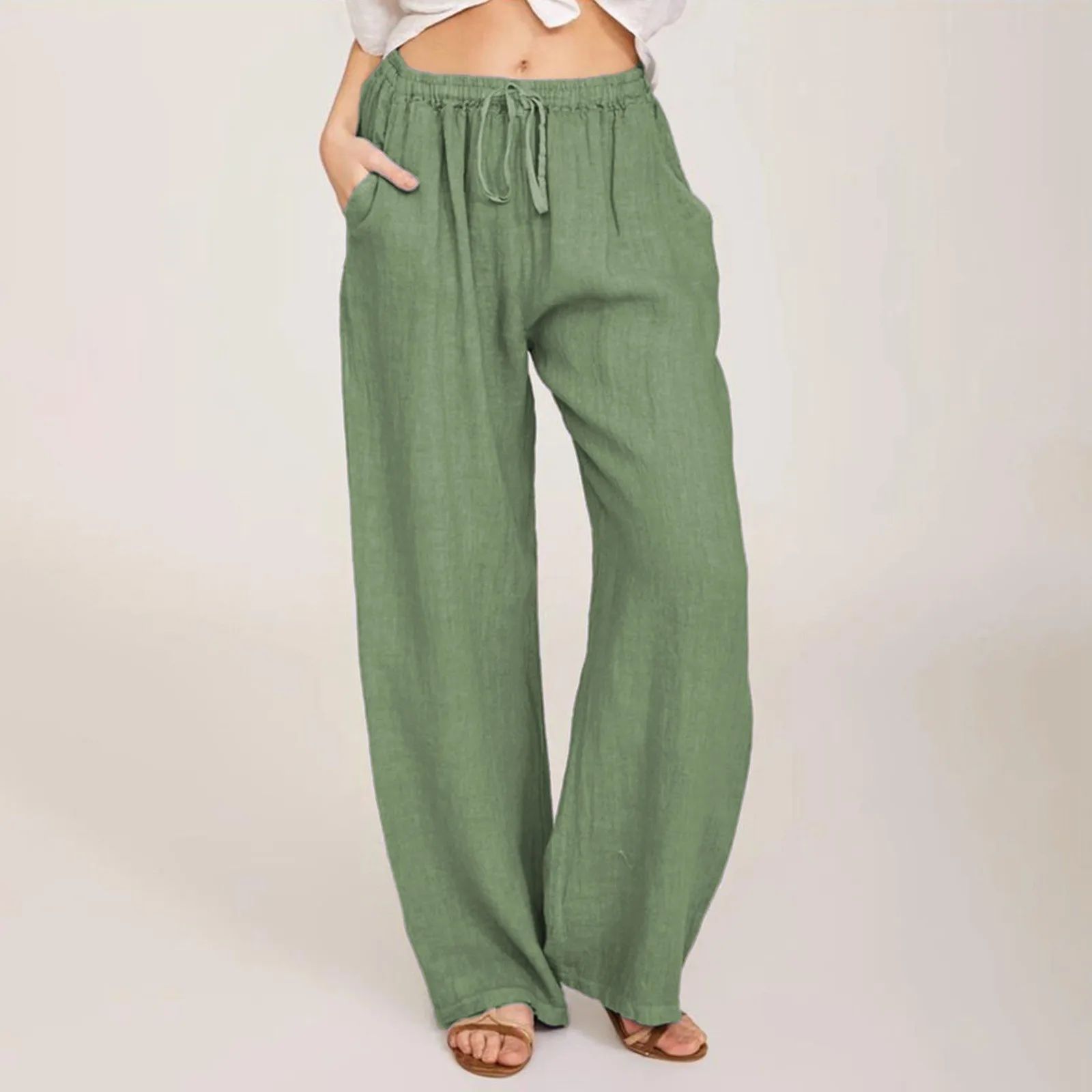 Summer Cotton Linen Wide Leg Pants for Women Pants Full Leng