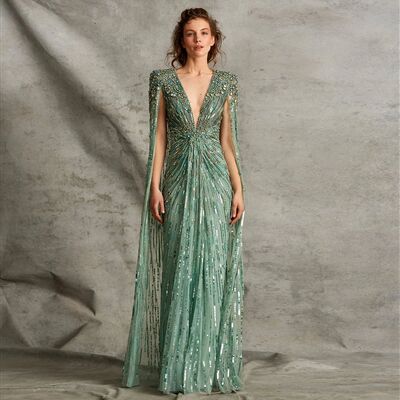 Sharon Said Dubai Sage Green Evening Dresses with Cape Fuchs