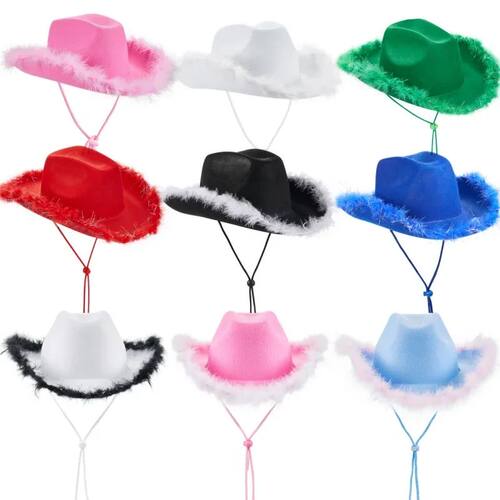 Women Cowboy Hat Solid Color Fuzzy Trim Wide Brim Cap Sun Ha