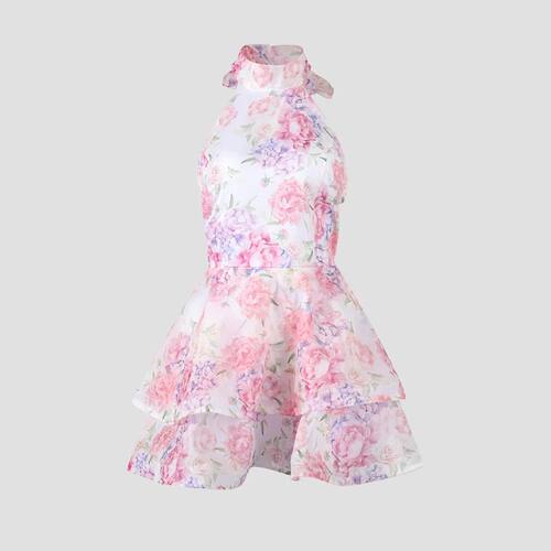 Chic Floral Printed Mini Dress Backless Sleeveless Hem Stack