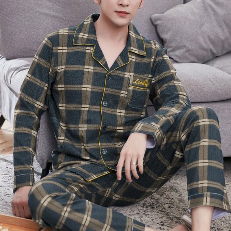 Men Sleepwear Striped Cotton Pajama Sets for Men Short Sleev
