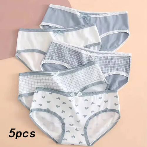 5pcs Women’s Soft Breathable Briefs Heart Plaid Print Panti