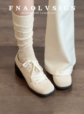 羊皮版~白色英伦风乐福鞋女系带粗跟通勤小皮鞋百搭复古方头单鞋