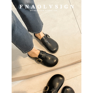牛皮版~复古英伦风包头半拖鞋女外穿一脚蹬懒人黑色圆头小皮鞋女