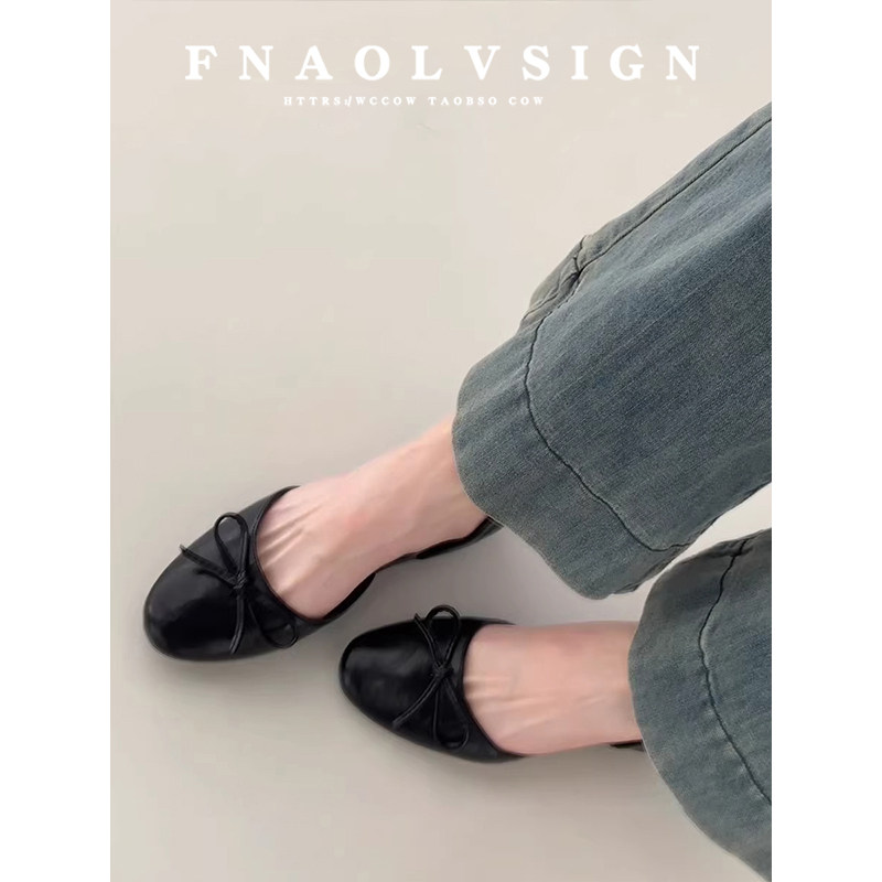 牛皮版~法式蝴蝶结方头内增高平底单鞋女浅口一脚蹬鞋软底奶奶鞋