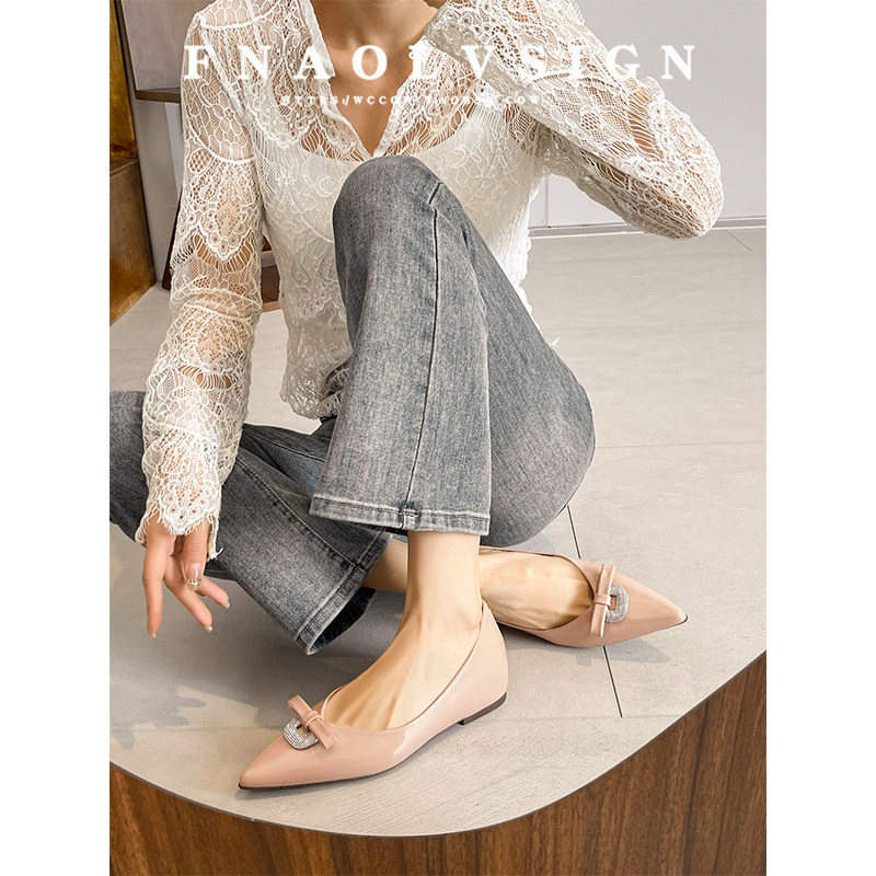 羊皮版~法式温柔风尖头浅口单鞋女内增高蝴蝶结春季一脚蹬平底鞋