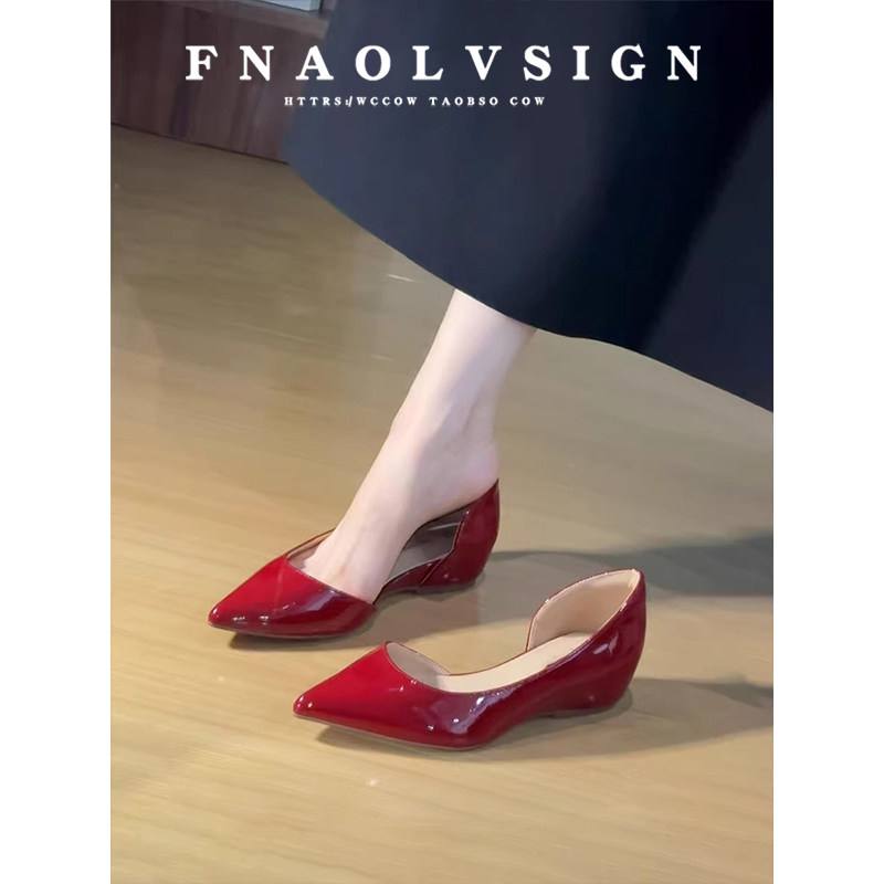 羊皮版~法式通勤风尖头内增高单鞋女浅口一脚蹬鞋子平底晚晚鞋女,女鞋,浅口单鞋,淘宝优惠券,粉丝福利购,淘宝优惠卷