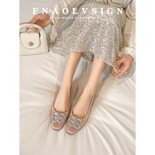 羊皮版~法式气质方头浅口单鞋女水钻粗跟中跟不累脚温柔晚风鞋女