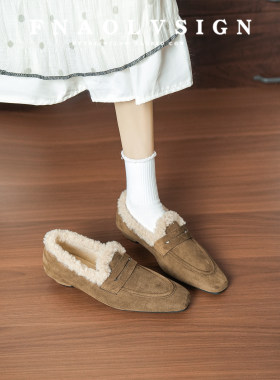复古毛毛方头内增高坡跟乐福鞋女