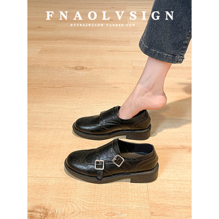 女 女圆头百搭黑色小皮鞋 牛皮版 英伦风复古雕花双扣带粗跟乐福鞋