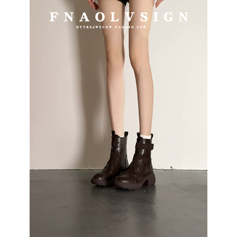 羊皮版~英伦风绑带运动马丁靴女棕色真皮短靴百搭圆头粗跟机车靴