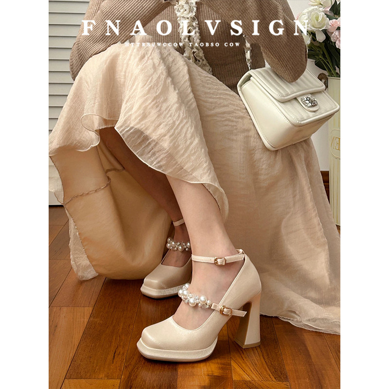 羊皮版~丝绒方头玛丽珍鞋女冬季浅口珍珠一字扣带单鞋粗跟高跟鞋,女鞋,玛丽珍鞋,淘宝优惠券,粉丝福利购,淘宝优惠卷