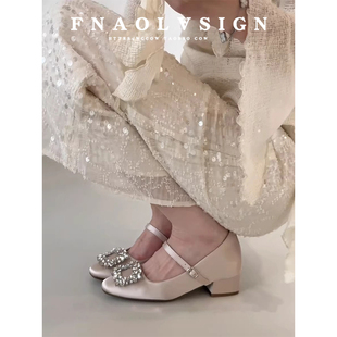 羊皮版~法式水钻方扣粗跟高跟鞋女一字扣带玛丽珍鞋子内增高单鞋