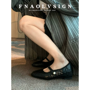 羊皮版~法式菱格方头一字扣带内增高单鞋女夏浅口平底玛丽珍女鞋