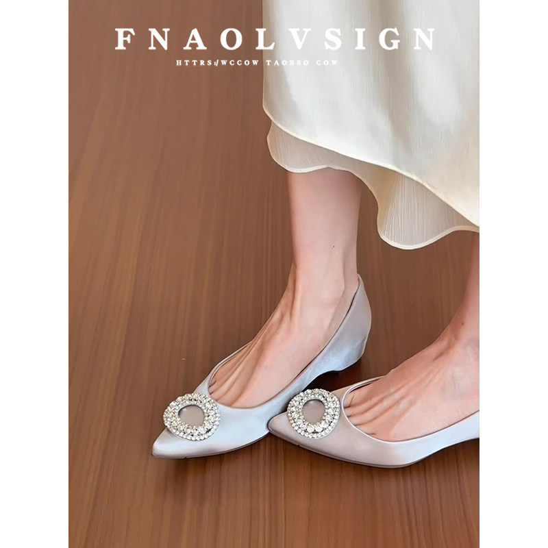 羊皮版~法式水钻扣尖头平底单鞋女浅口一脚蹬鞋子内增高晚晚鞋女