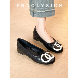 羊皮版~小香风菱格纹单鞋女内增高芭蕾奶奶鞋一脚蹬软底平底鞋女