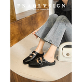 外穿懒人半拖鞋 牛皮版 平跟方头穆勒鞋 复古风双扣带包头拖鞋 法式