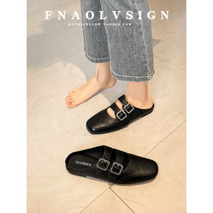 牛皮版~法式复古风双扣带包头拖鞋女平跟方头穆勒鞋懒人半拖鞋女