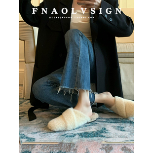 高级感坡跟包头半拖鞋 羊皮版 女外穿一脚蹬冬季 方头毛毛拖鞋 法式