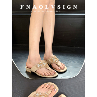 羊皮版~夏季新款水钻夹脚女外穿厚底高级感人字拖百搭拖鞋女