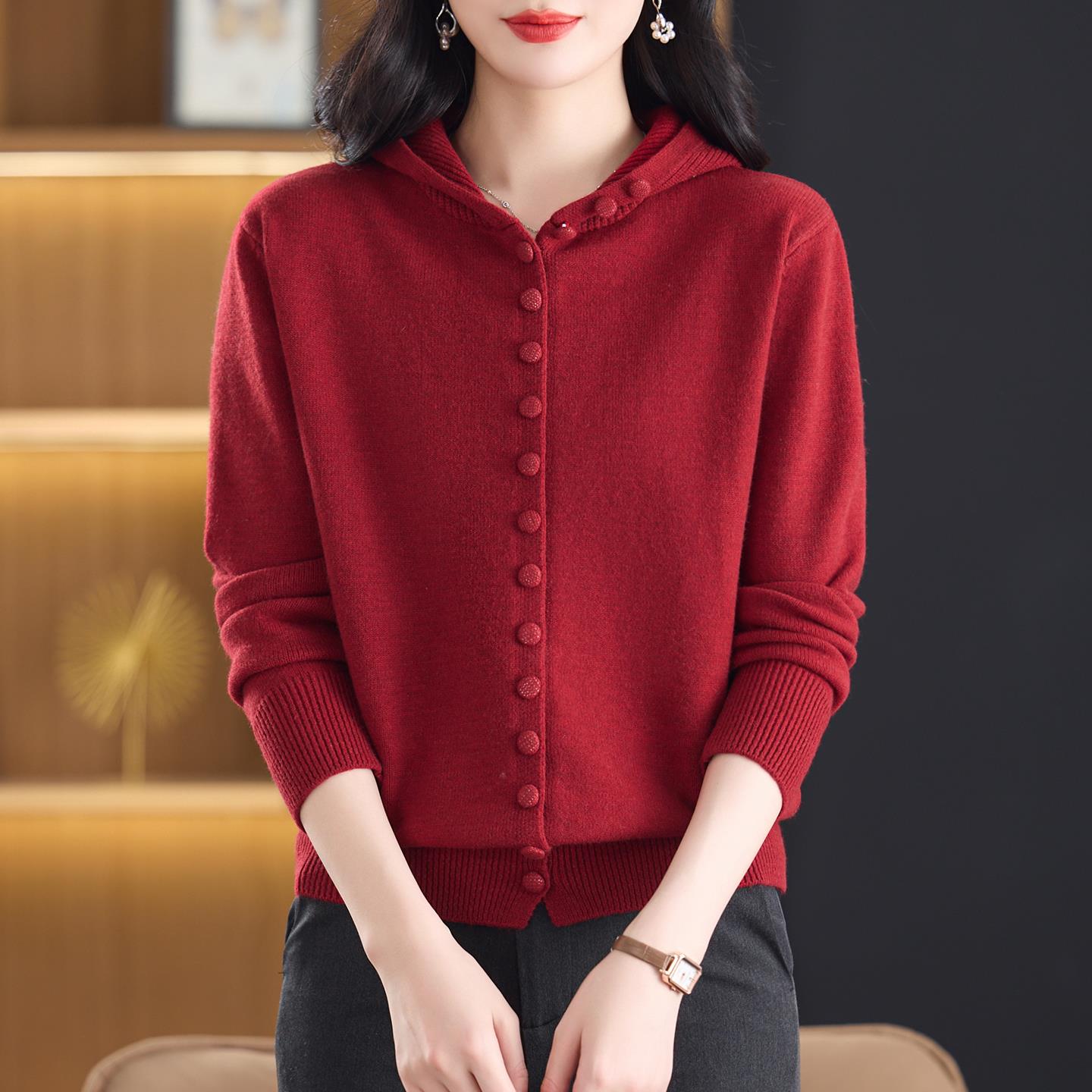 红色连帽开衫女士长袖针织衫上衣2025新款春秋季宽松慵懒毛衣外套