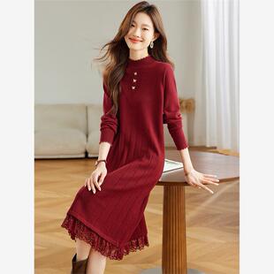 毛衣裙过膝蕾丝长裙2025新款 气质长款 打底针织连衣裙女秋冬款 秋季