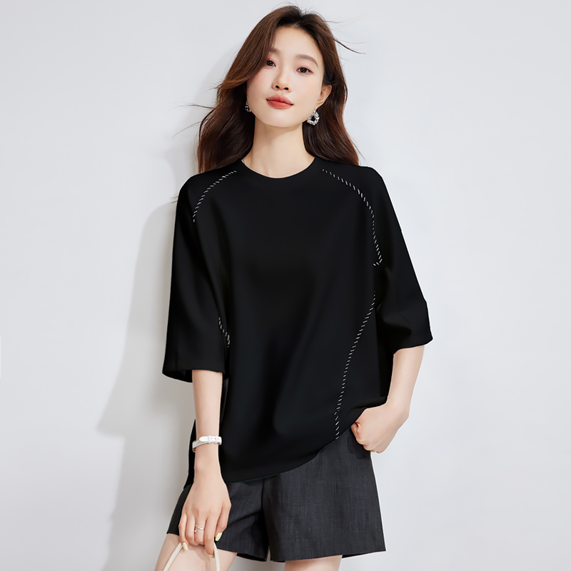 2025夏季新款黑色短袖t恤女宽松显瘦休闲蝙蝠型短袖洋气上衣女薄