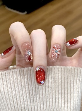 2026新年战甲红色烟花手工穿戴甲新款高级感短款显白蝴蝶亮片猫眼