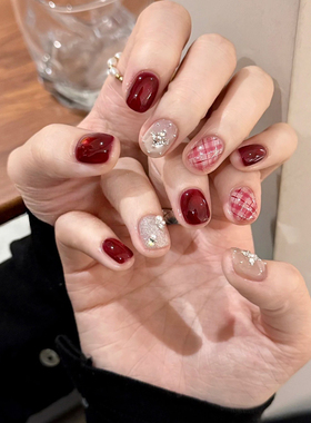 【圣诞来信】手工穿戴甲新年圣诞氛围高级感格纹红色猫眼显白秋冬