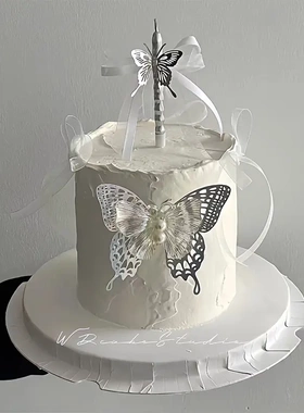 网红ins韩风烘焙蛋糕装饰摆件镭射珍珠丝带蝴蝶插件仙女生日蜡烛