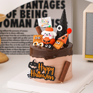 2025万圣节快乐蛋糕装饰南瓜英文插牌可爱小狗摆件狂欢夜派对