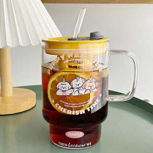 ins风茶水分离玻璃杯大容量耐高温带把带盖吸管玻璃水杯办公家用