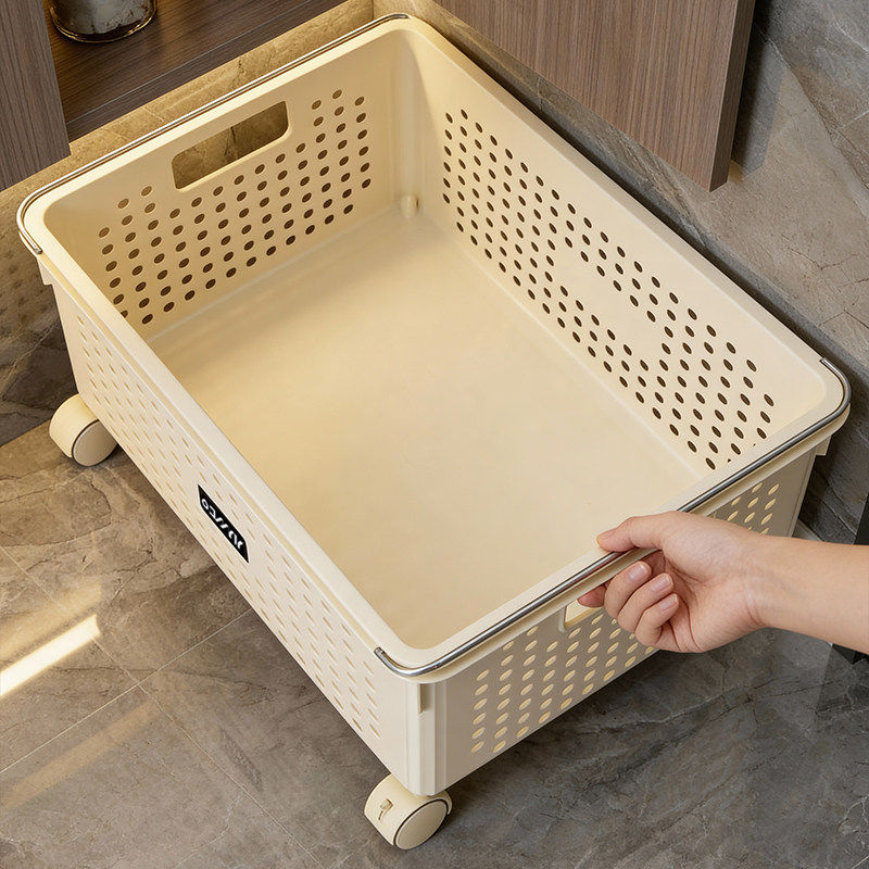 日本浴室柜下脏衣篓家用脏衣服收纳筐带轮推车杂物置物架储物筐子