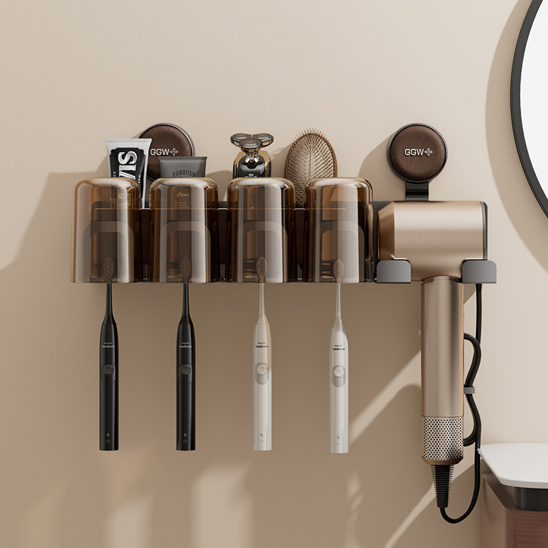 日本中古风牙刷置物架壁挂式免打孔吸盘式卫生间吹风机支架牙杯架