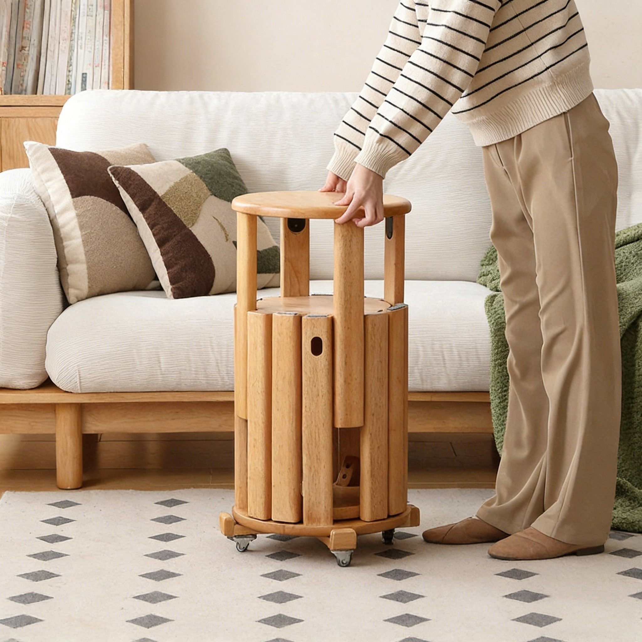 日本实木凳子可叠放圆凳家用叠叠乐餐桌高板凳四合一组合的木椅子