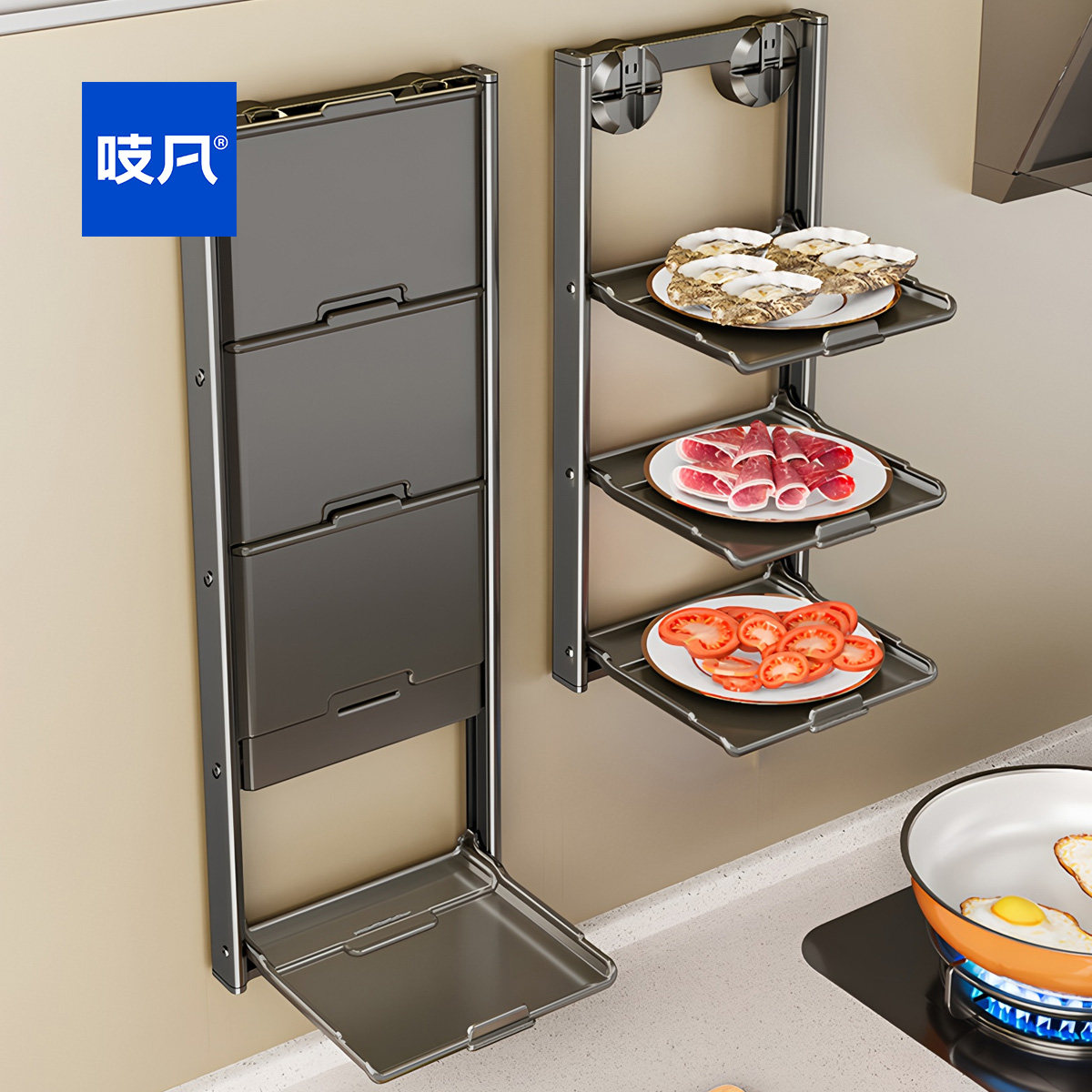 日本备菜置物架厨房吸盘折叠放菜盘分层台面免打孔壁挂墙上收纳架